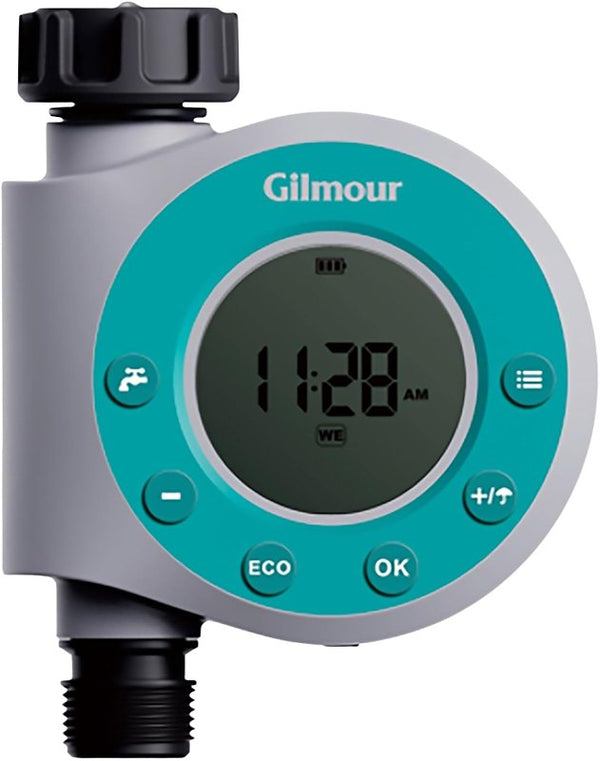 Gilmour Single Outlet Water Timer for Garden Hose, Programmable Automatic Watering System, LCD Screen, Rain Delay, Battery Operated 856006-1001