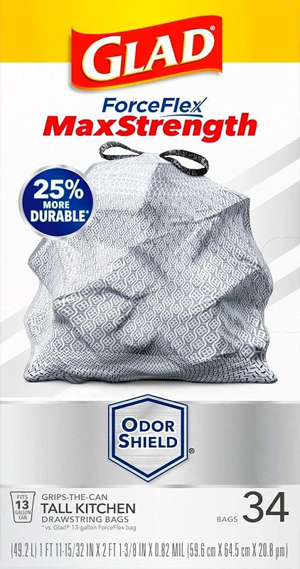 Glad ForceFlex MaxStrength Tall Kitchen Trash Bags, 13 Gal, Odor Shield, 34 Ct (Package May Vary)