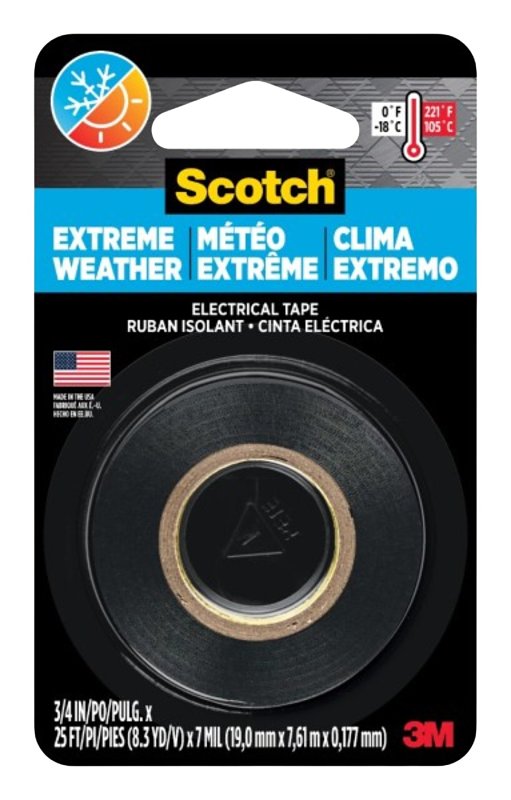 Scotch Extreme Weather Electrical Tape, 3/4-in by 25-ft, Black, 1-Roll, Tight Wraps for Cable Jacket Repair and Electrical Insulation, Flame Retardant, UL Listed and CSA Certified (16736NA)
