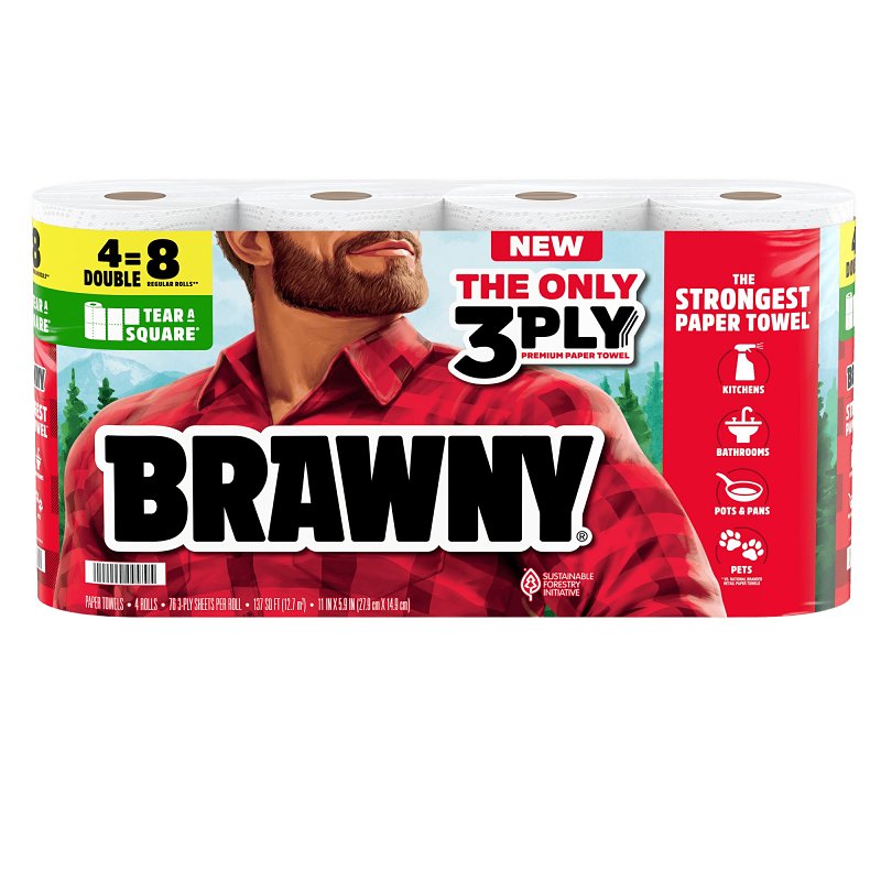 Brawny Tear-A-Square 3-Ply Paper Towels, 4 Double Rolls = 8 Regular Rolls, Strong, Absorbent, and Durable with 3 Sheet Sizes (Quarter, Half, Full) 44579