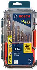 BOSCH CO14B 14-Piece Assorted Set with Included Case - Cobalt M42 Metal Drill Bits with Three-Flat Shank for Drilling Applications in Stainless Steel, Cast Iron, Titanium, and Light-Gauge Metal