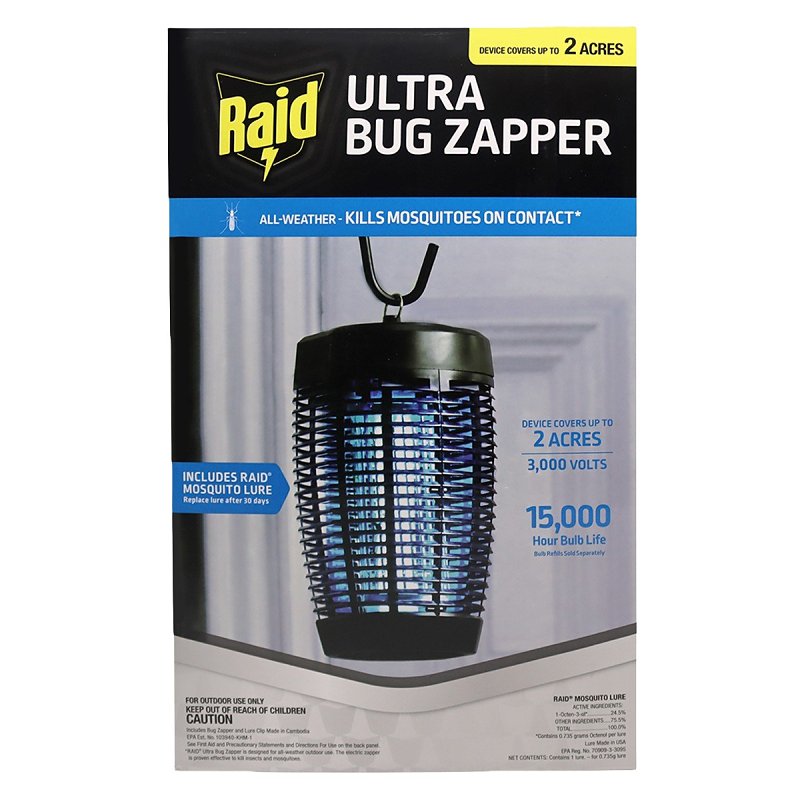 Raid Ultra Outdoor Bug Zapper with Blue UV Light, 40W Insect & Mosquito Killer Trap, 2-Acre Coverage, 3000-Volt Zapping Grid, Weatherproof, Includes 30 Day Octenol Lure, Suitable for Patio & Porch