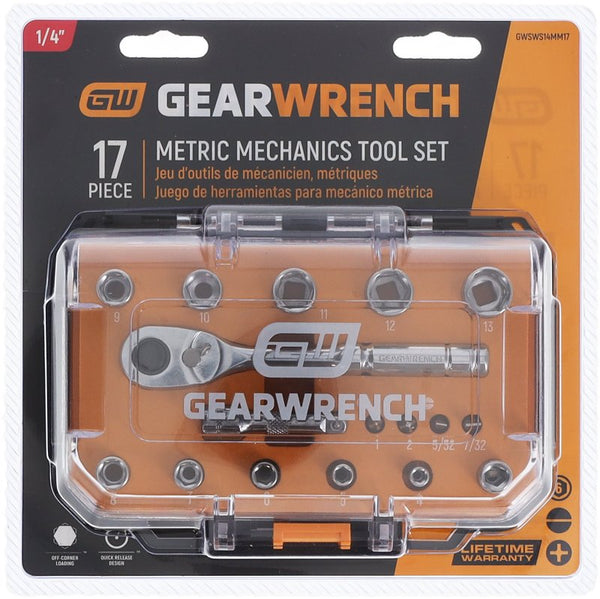 GEARWRENCH 17 Piece Mechanics Tool Set 1/4 in. Drive, 72-Tooth, 6-Point, Metric | GWSWS14MM17