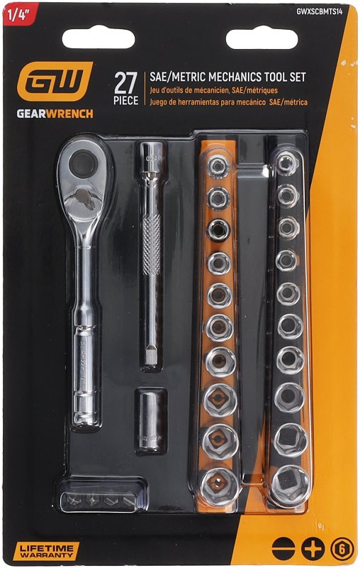 GEARWRENCH Mechanics Hand Tool Set, 27 Pc, 1/4 in Drive, Socket Rail and Bit Holder, Metric/SAE | GWXSCBMTS14