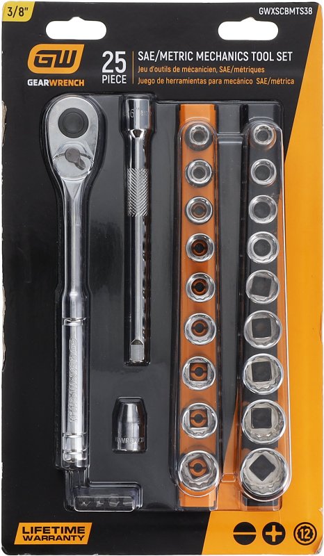 GEARWRENCH Mechanics Hand Tool Set, 25 Pc, 3/8 in Drive, Socket Rail and Bit Holder, Metric/SAE | GWXSCBMTS38