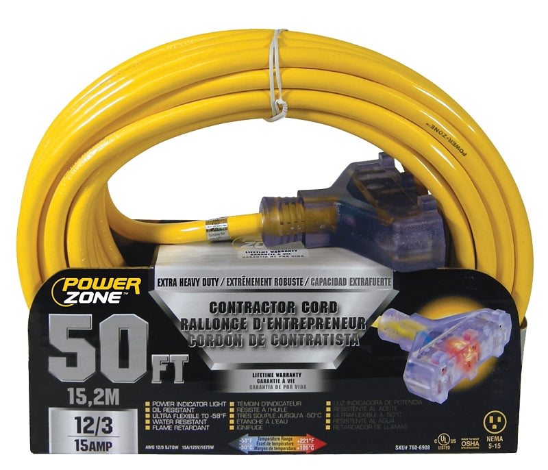 Cord Ext 3tap Lt 12/3x50ft YEL