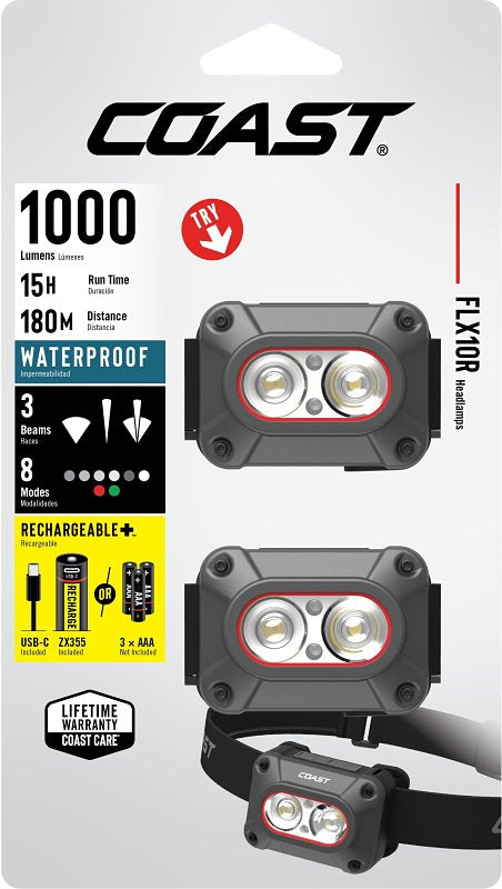 Coast FLX10R Headlamp, AAA Battery, Zithion-X Battery, LED Lamp, 1000 lm, Flood, Spot Beam, 43 m Beam Distance