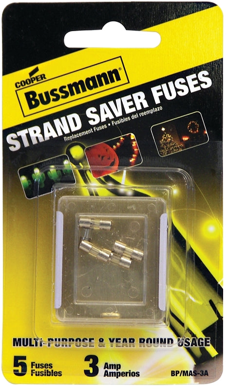 Cooper Bussmann BP/MAS-3A 3 Amp Glass Fast Acting Cartridge Fuse 125V Ul Listed in Buss Blue Packaging, Carded, 5-Pack, Piece