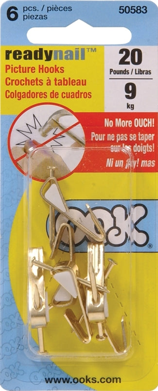 OOK 50582 ReadyNail Picture Hangers, Hassle-Free Picture Hooks, 10lbs, Brass (6 Pack)