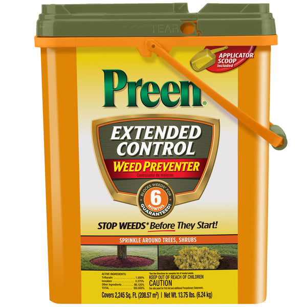 Preen Extended Control Weed Preventer 13.75 lb. Drum - Pre-Emergent Herbicide for Garden Weed Control - Covers 2,245 sq. ft. - Prevents Weeds up to 6 Months - For Perennials, Shrubs and Trees 24-64095