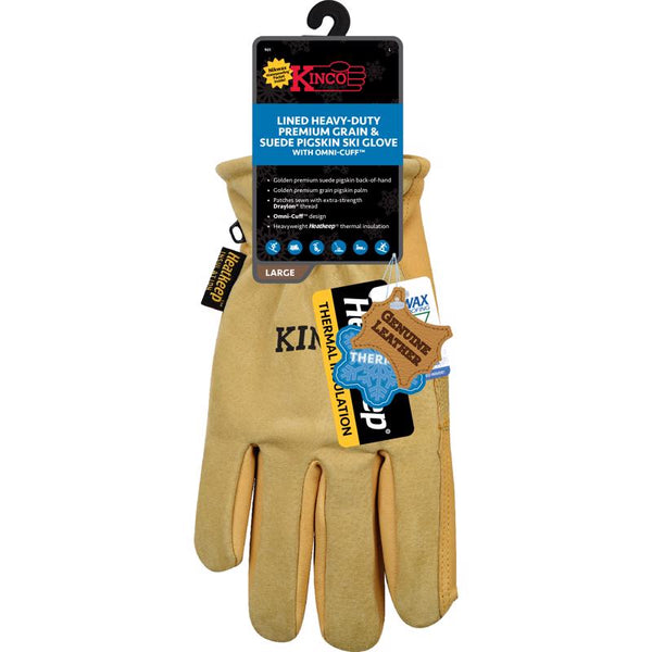 Kinco, 901-M Men's Pigskin Leather Ski Glove, HeatKeep Thermal Lining, Draylon Thread, Medium, Golden, with Nikwax Waterproof Wax