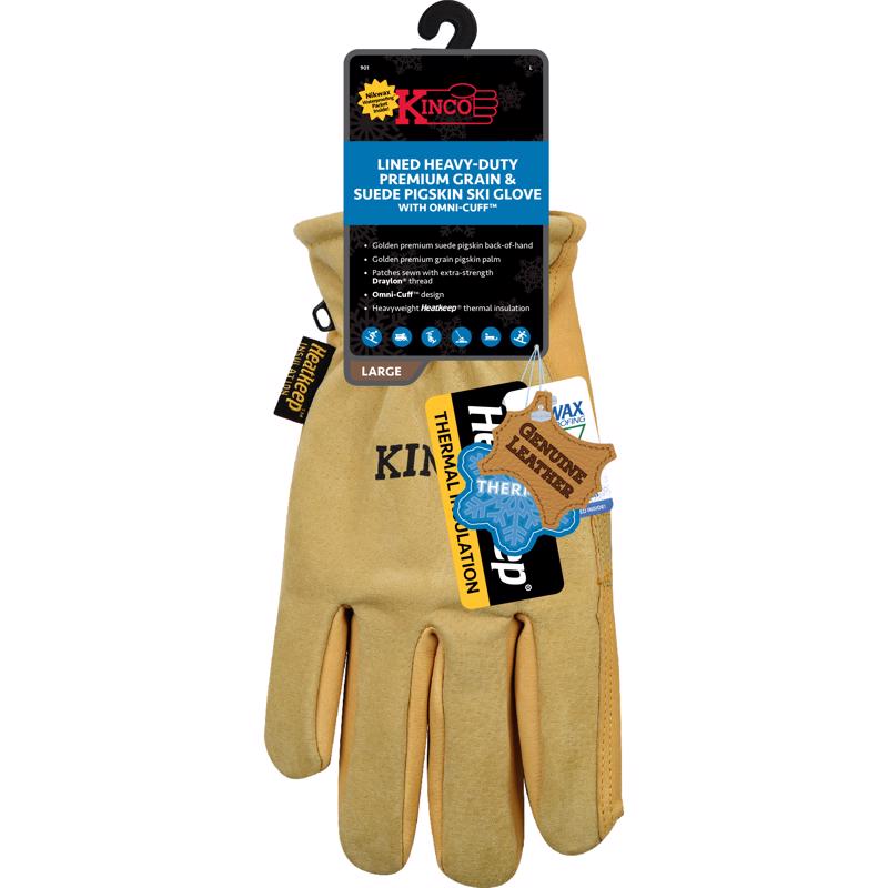 Kinco, 901-M Men's Pigskin Leather Ski Glove, HeatKeep Thermal Lining, Draylon Thread, Medium, Golden, with Nikwax Waterproof Wax