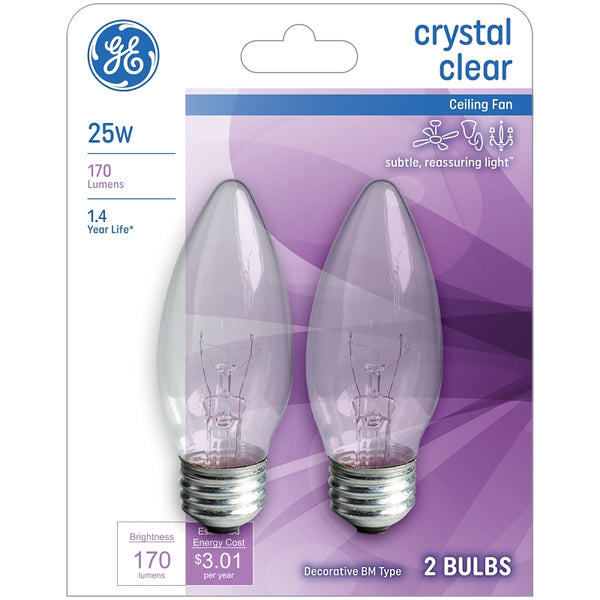 GE 22756 25-Watt 170-Lumen Decorative B13 Incandescent Light Bulb, Crystal Clear, 2-Pack