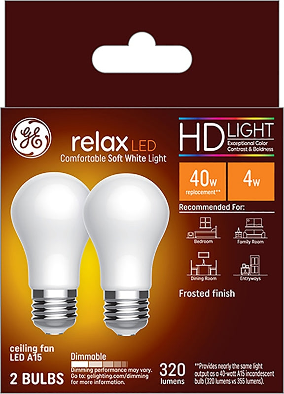 GE Lighting Relax LED Ceiling Fan Light Bulbs, 4 Watts (40 Watt Equivalent) Soft White HD Light, Frosted Finish, Medium Base, Dimmable (2 Pack) 31374