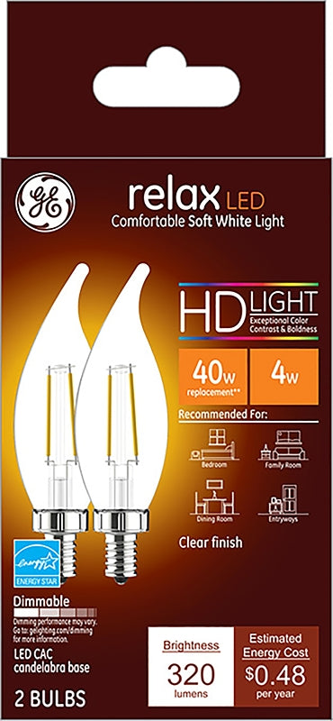 GE Relax LED Light Bulbs, 40 Watt, Soft White, Decorative Bulbs, Clear, Small Base 2 Count (Pack of 1) 31384