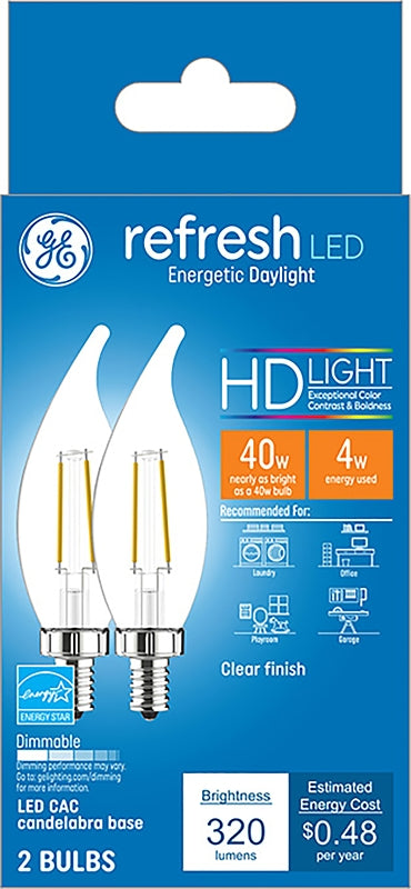GE Refresh LED Light Bulbs, 40W, Daylight Candle Lights, Clear Decorative Bulbs, Small Base (2 Pack) 31425