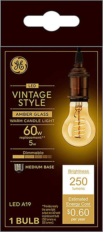 GE Lighting VintaStyle LED Light Bulbs, 5 Watts (60 Watt Equivalent) Warm Candle Light, Amber Glass, Medium Base, Dimmable (1 Pack) 36505
