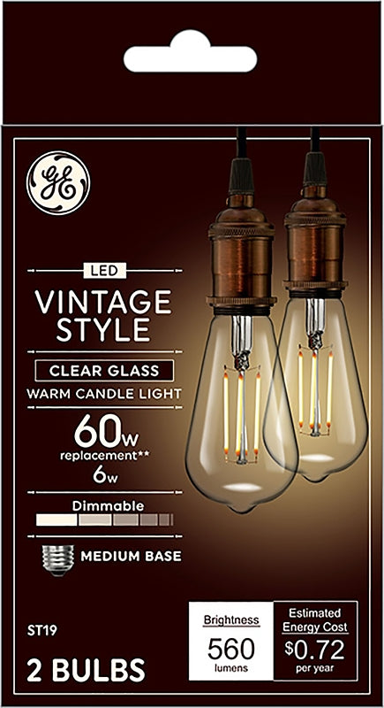 GE Vintage Style LED Light Bulbs, ST19 Edison Style Bulbs, Dimmable LED Bulbs, 60 Watt Replacement, Clear Glass, Warm Candle Light (2 Pack) 93129871