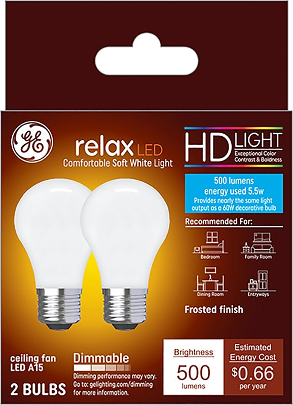 GE Relax LED Ceiling Fan Light Bulbs, 5.5 Watts (60 Watt Equivalent) Soft White HD Light, Frosted Finish, Medium Base, Dimmable (2 Pack) 31361