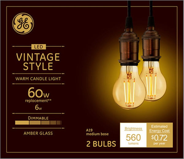GE Lighting Vintage Style LED Light Bulbs, 6 Watts (60 Watt Equivalent) Warm Candle Light, Amber Glass, Medium Base, Dimmable (2 Pack) 93129870