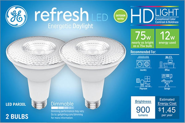 GE Refresh LED Light Bulbs, 75 Watt, Daylight, PAR30L Outdoor Bulbs (2 Pack) 43098