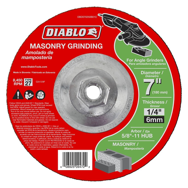 Diablo Masonry Grinding Disc with Type 27 Hub - 7" Diameter, 1/4" Thick, 5/8"-11 Arbor, Fast Material Removal, Long Life, Concrete Brick Cement Use - DBD070250B01C
