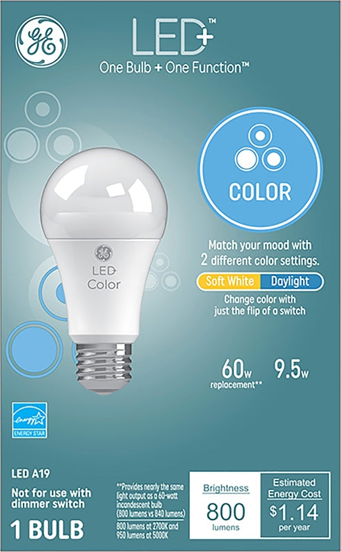 GE LED+ Soft White/Daylight LED Light Bulbs with Remote, 9.5W, No App or Wi-Fi Required, A19 (1 Pack) 93100289