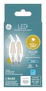 GE LED+ CA11 Dusk to Dawn LED Light Bulbs, Automatic On/Off Outdoor Security Lights, Daylight, E12 Candelabra Base (2 Pack)