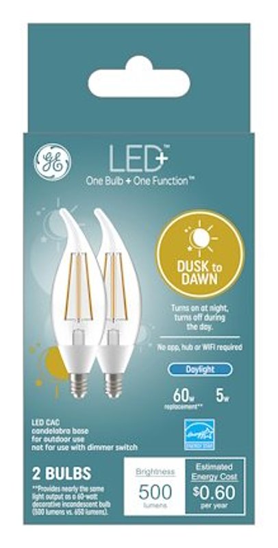 GE LED+ CA11 Dusk to Dawn LED Light Bulbs, Automatic On/Off Outdoor Security Lights, Daylight, E12 Candelabra Base (2 Pack) 93131706