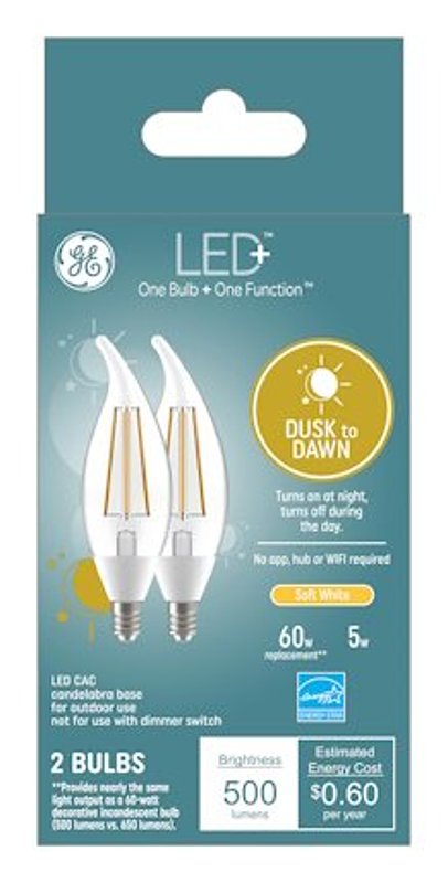 GE LED+ Dusk to Dawn LED Light Bulbs, Automatic On/Off Outdoor Security Lights, Soft White, E12 Candelabra Base (2 Pack) 93131707