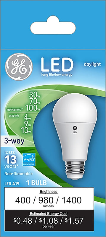 GE Lighting 24096 Daylight Replacement A21 Bulb Medium Base, 3-Way LED 30/70/100-Watt, 1 Count (Pack of 1)