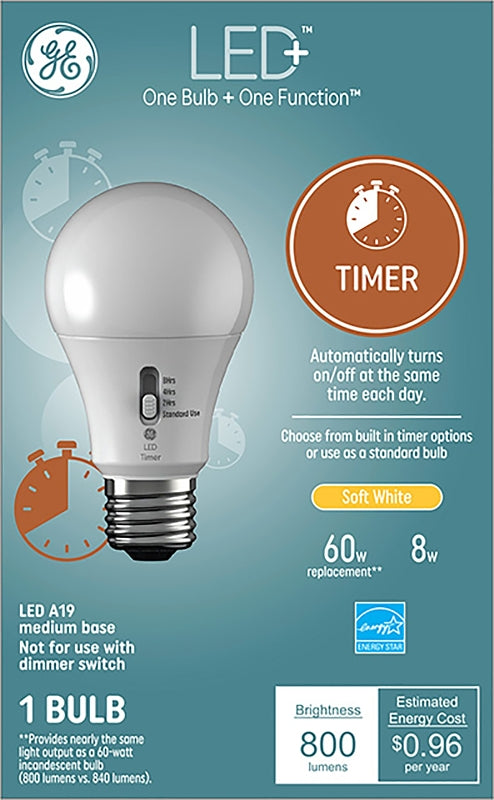 GE LED+ Timer A19 LED Light Bulbs, Built-in Automatic Indoor Timer Light, 8W, Soft White (1 Pack) 93127245