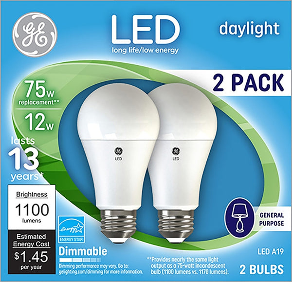 GE Dimmable LED Light Bulbs, A21 General Purpose (75 Watt Replacement LED Light Bulbs), 1100 Lumen, Medium Base Light Bulbs, Daylight, 2-Pack LED Bulbs 93127670