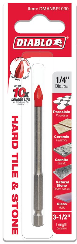 Diablo Hard Tile & Stone Carbide Tipped Drill Bit - Ideal for Hammer and Rotary Drills - 1/4" Diameter, Hex Shank, 3-1/2" Length - DMANSP1030