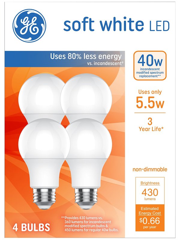 GE 5.5 Watt Soft White LED General-Purpose Bulb, 4/Pack (93131062)