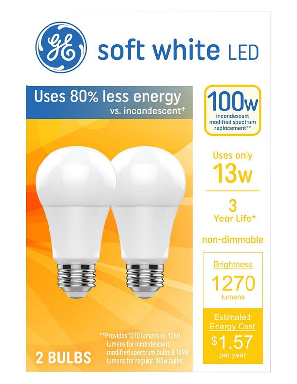 GE 2-Pack Soft White LED Bulb, 13W, A19, E26 Base 93131322