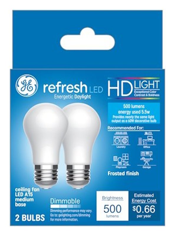 GE Refresh LED Light Bulbs, 60 Watt, Daylight, A15 Ceiling Fan Bulbs, Frosted (2 Pack)