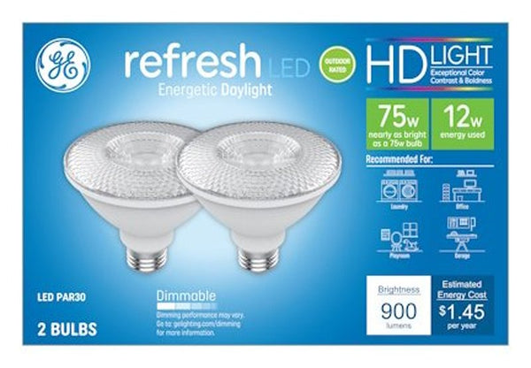 GE Refresh LED Light Bulbs, 75 Watt, Daylight, PAR30 Outdoor Bulbs (2 Pack) 43095