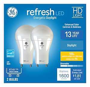 GE Refresh LED 100 watt Equivalent A19 Daylight Dimmable Light Bulb GU24 Plug-in Base (2 Pack)
