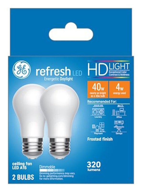 GE Refresh LED Light Bulbs, 40 Watt, Daylight, A15 Ceiling Fan Bulbs (2 Pack) 31375