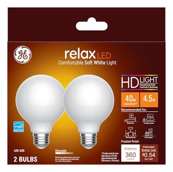 GE Lighting Relax LED Globe Light Bulbs, 4.5 Watts (40 Watt Equivalent) Soft White HD Light, Frosted Finish, Medium Base, Dimmable (2 Pack) 31541