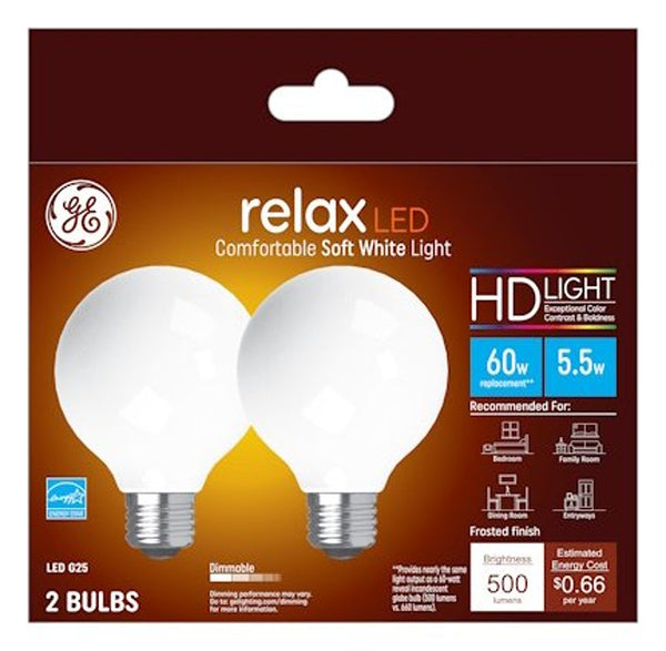 GE Relax LED Globe Light Bulb, 5.5 Watts (60 Watt Equivalent) Soft White HD Light, Frosted Finish, Medium Base, Dimmable (2 Pack) 31696