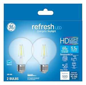 GE Lighting 31705 Clear Finish Light Bulb Refresh HD Dimmable LED G25 Decorative Globe 5.5 (60-Watt Replacement), 500-Lumen Medium Base, 2-Pack Daylight 2