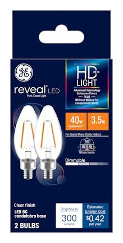 Ge Reveal HD+ Decorative LED Light Bulbs, Candelabra-Base, Clear, Dimmable, 240 Lumens, 3.2-Watts, 2-Pk. -31889