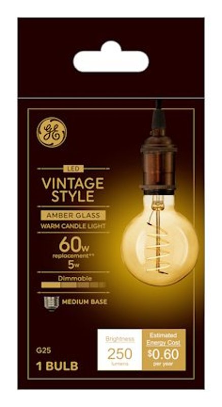 LED Vintage Light Bulb, G25, Warm White, Amber Bulb, 250 Lumens, 5-Watt 36528 (4-Pack)