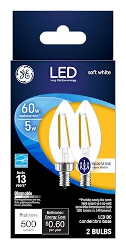 GE Lighting 93129347 Decorative LED Light Bulbs, Soft White, Clear, 500 Lumens, 5-Watts, 2-Pk. - Quantity 1