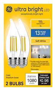 GE Ultra Bright LED 100W Equivalent, Soft White, CA12 Deco - Candle Bulbs (2 Pack)