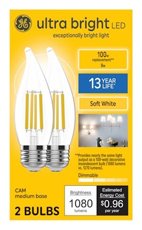 GE Ultra Bright LED 100W Equivalent, Soft White, CA12 Deco - Candle Bulbs (2 Pack) 93131752