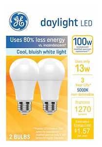 Ge, Led 100-Watt 3 Year Lifetime Light Bulbs, 2 Pack