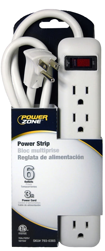 POWER ZONE OR801124 Powerzone Power Strip, 125 V, 15 A, 6 Outlet